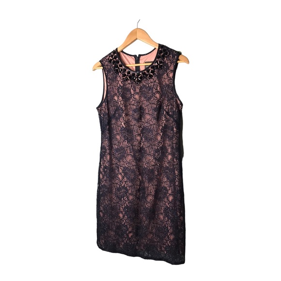 Adrianne Papell | Blue lace sleeveless midi dress pink lining beaded detail - Picture 5 of 8